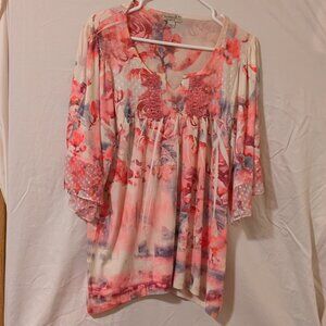 One World Live And Let Live Top pink Size Small Soft Blouse lace flutter sleeves